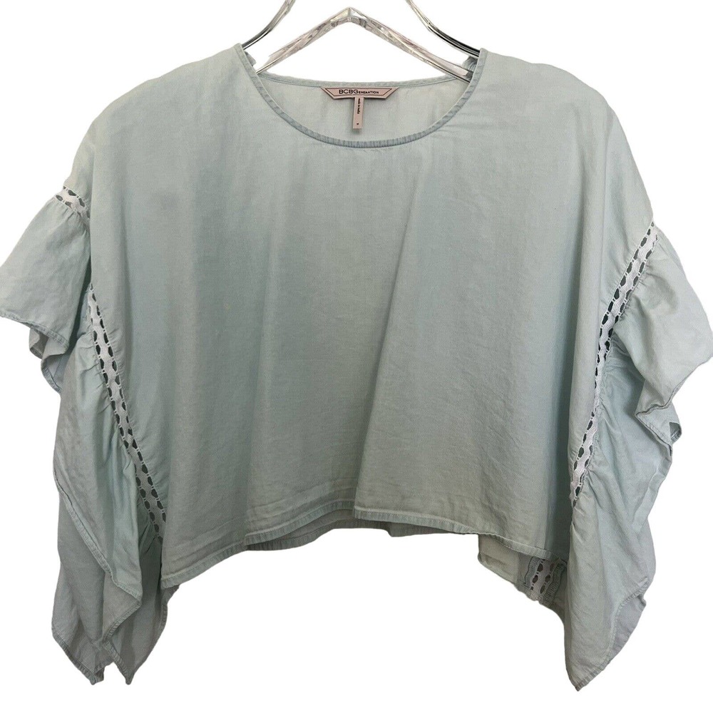 🌵 BCBGeneration Women's Light Blue Cropped Cotton Ruffle Sleeve Top - Medium